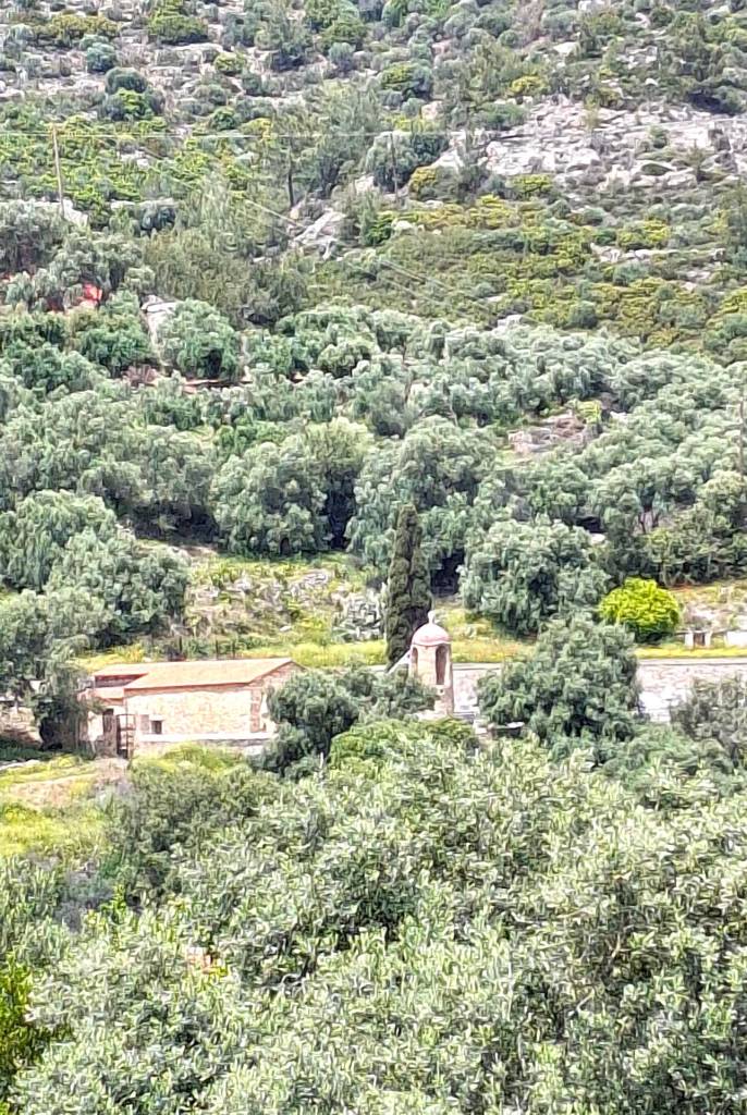 Agios Nikolaos Church is hidden among trees in Moni Village.