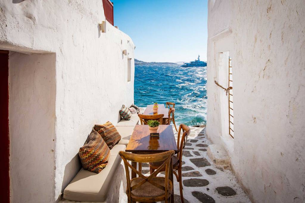 A sea view bar in the narrow streets of Mykonos Town.