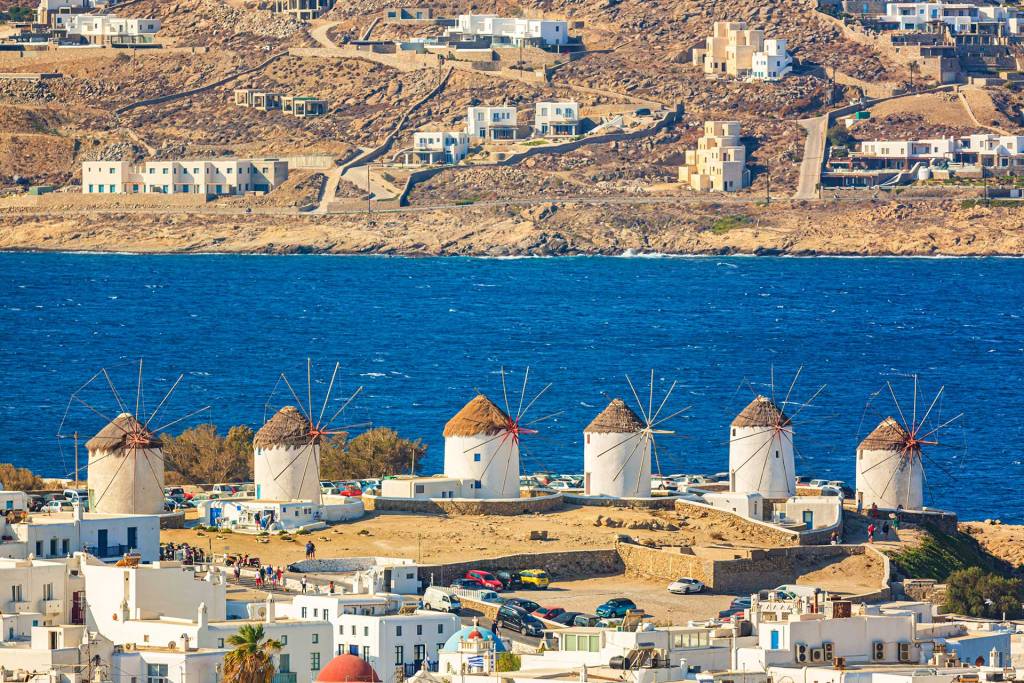 The picturesque windmills of Mykonos Island.