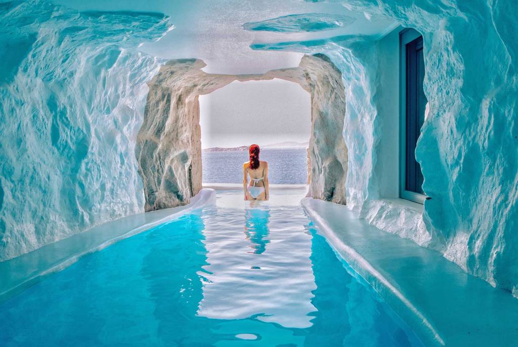 The big swimming pool of a luxurious suite on Mykonos Island.