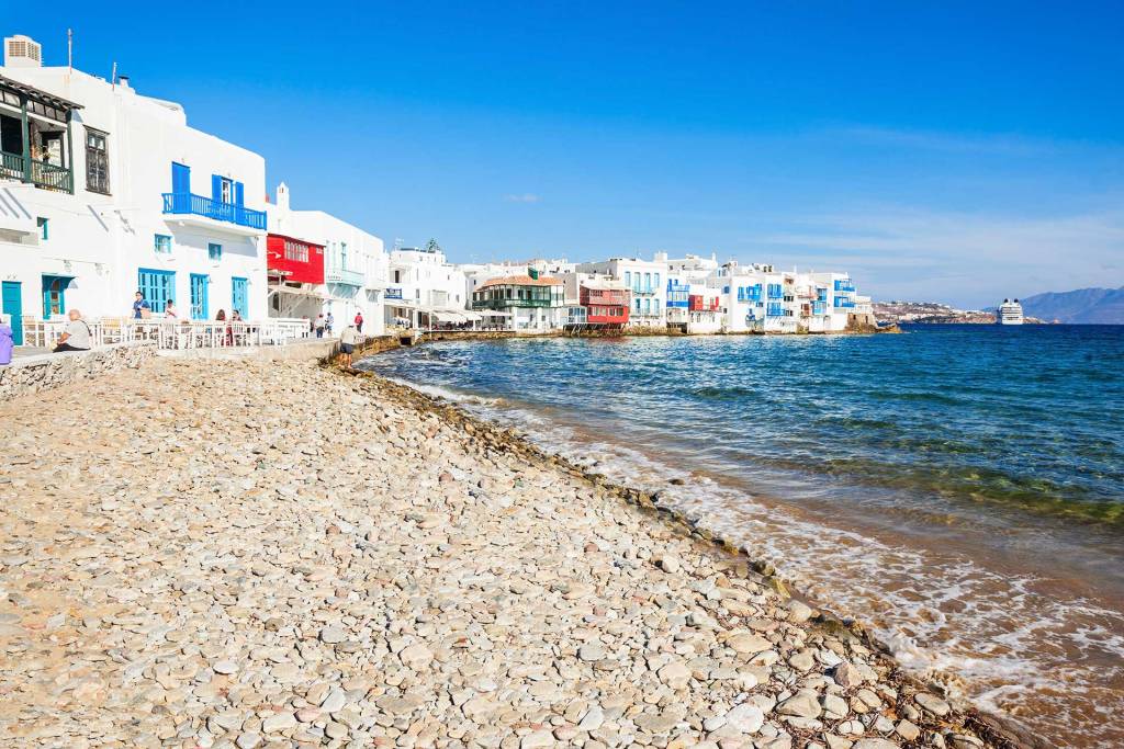 Side view of Little Venice and a seaside bar in Mykonos.