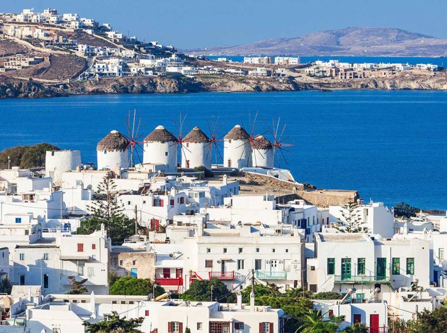Mykonos Chora View, the windmills, and the Aegean Sea.