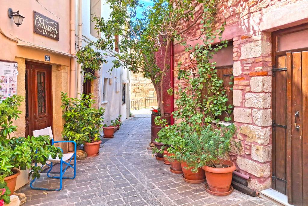 Picturesque houses in the narrow alleys of Chania Old Town.