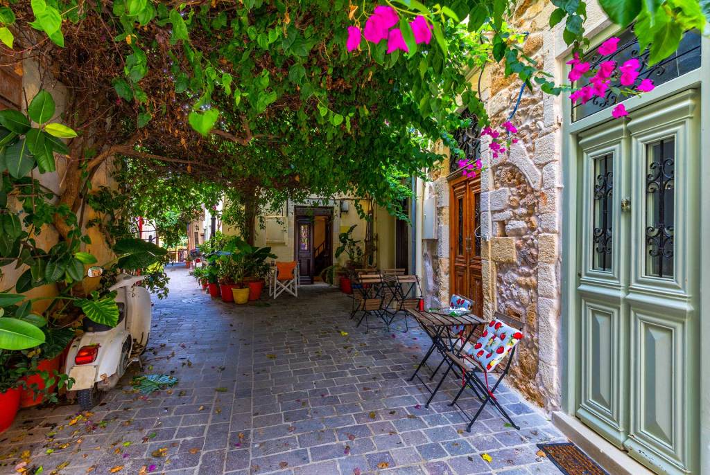 Picturesque tables in the streets of Chania Old Town.