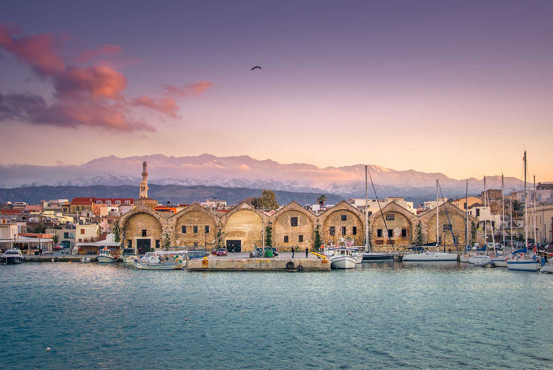 Sunset view of the Venetian Shipyards in Chania Old Harbor.