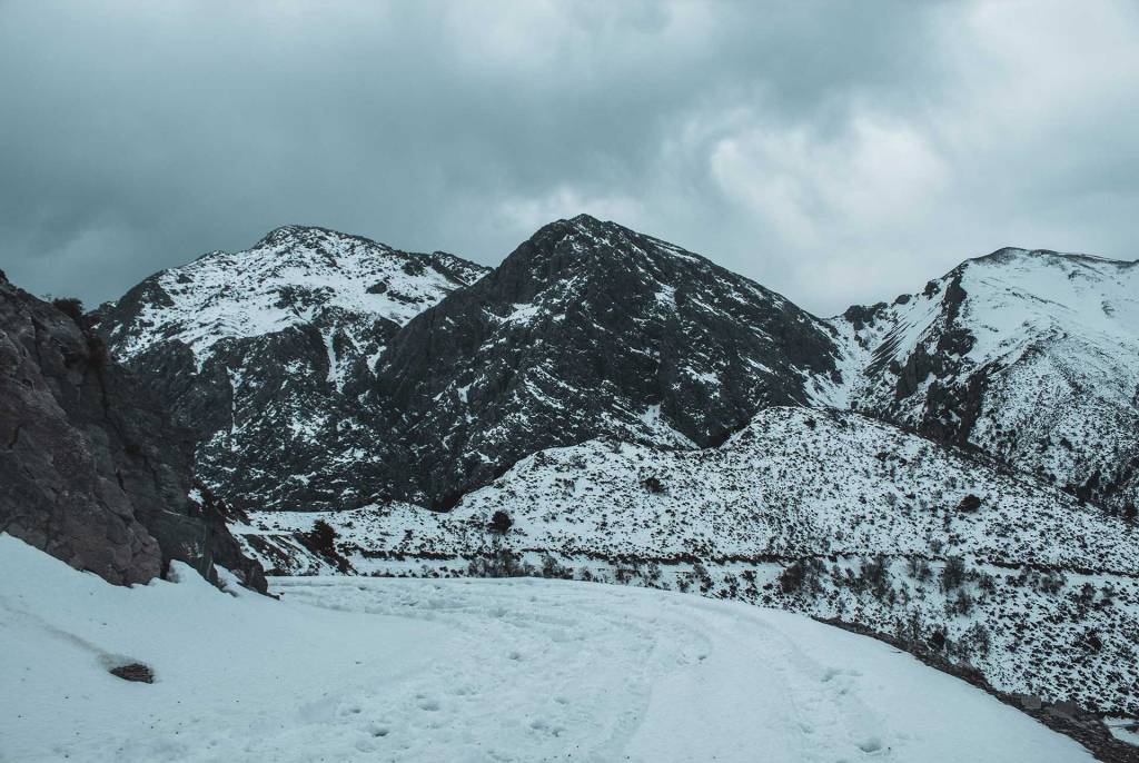 Snow-covered mountains in Omalos in winter.