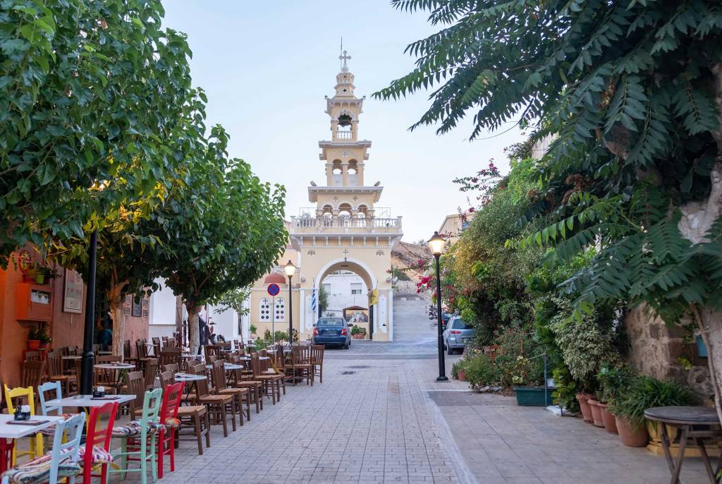 Small cafes and the church of Evangelistria in Paleochora.