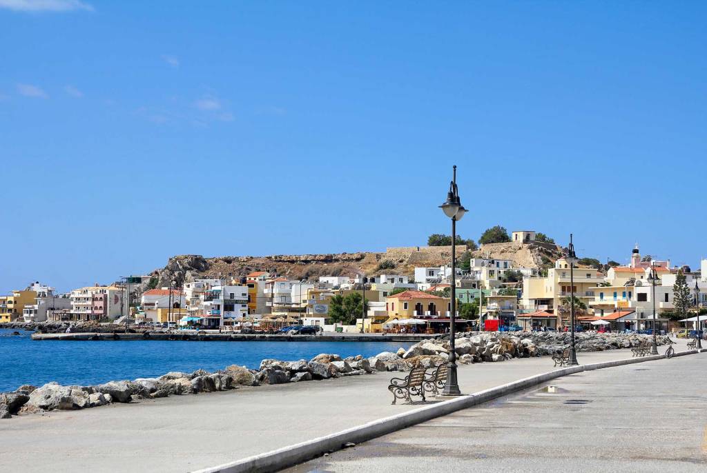 Benches and lamps in the promenade of Paleochora.
