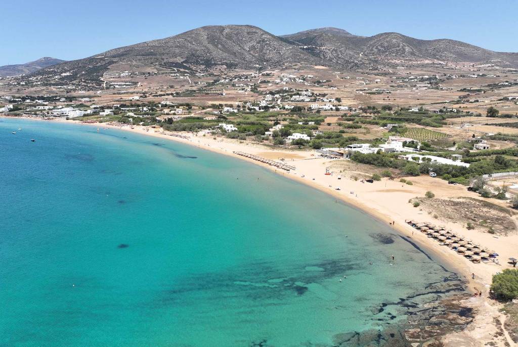 The crystal-clear waters of Golden Beach in Paros.