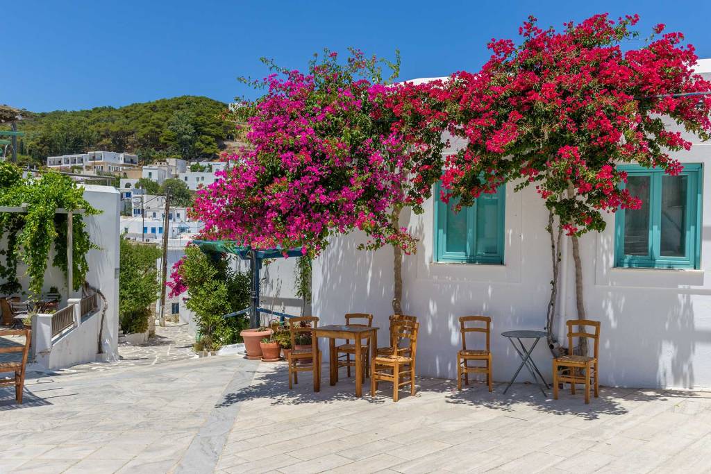 A white-washed house with a pink bougainvillea in Lefkes Village (Paros).