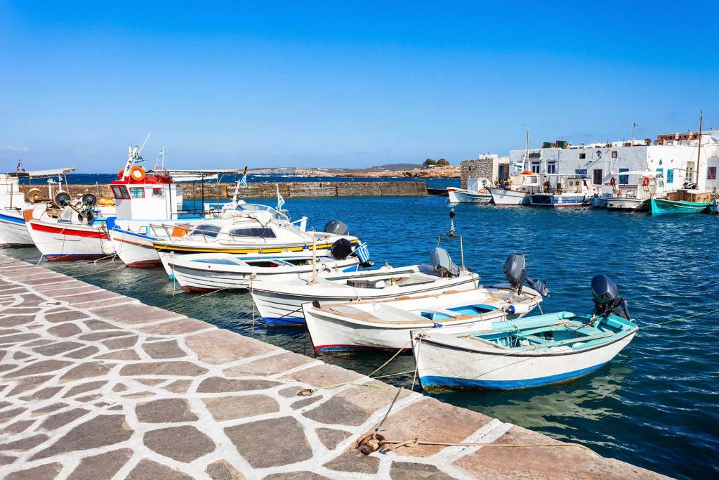 Small fishing boats in the port of Naoussa, on Paros Island.