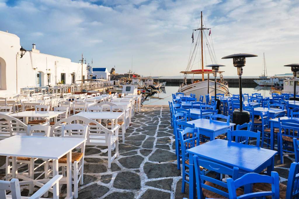 Seaside tavernas and restaurants in Naoussa, on Paros Island.