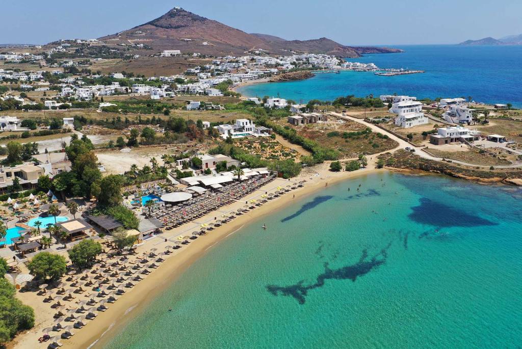 Aerial view of Pounda Beach and its hotels in Paros.
