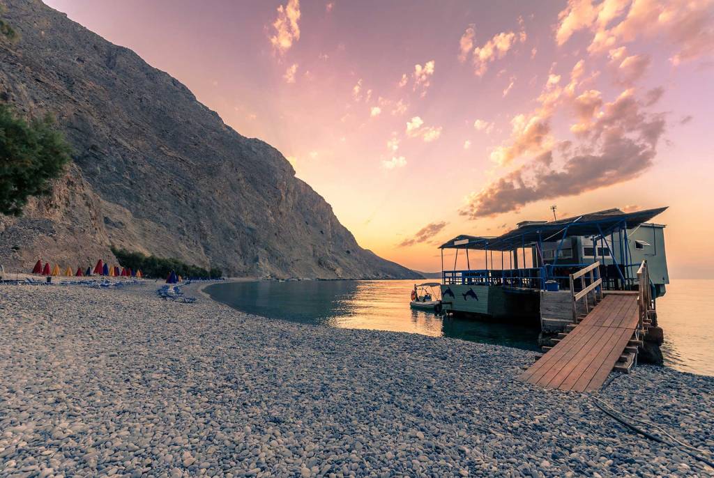 A small seaside tavern in Glyka Nera Beach (South Chania) offering magnificent views of the sea, the sunset and the mountains.