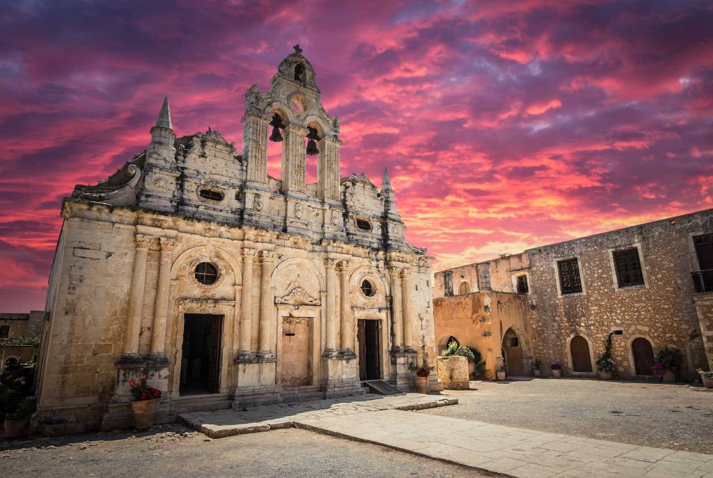 Sunset view of Arkadi Monastery in Rethymno.