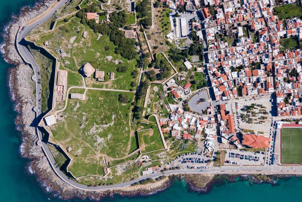 Aerial view of Fortezza Fortress in Rethymno and the city.
