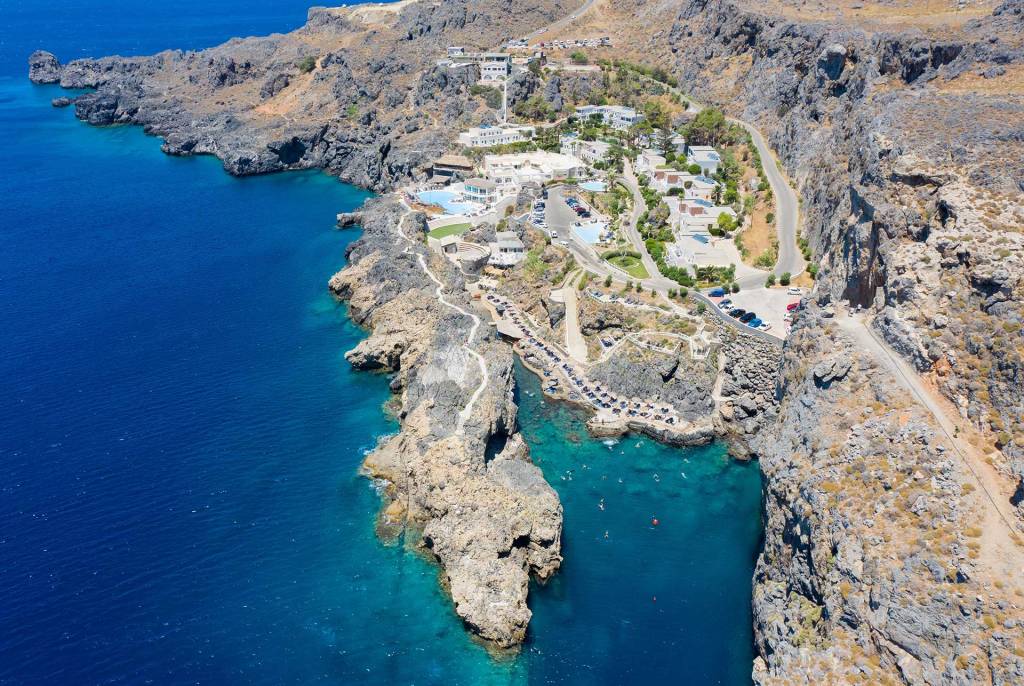 Aerial view of the beach at Kalypso Beach Hotel in Rethymno.