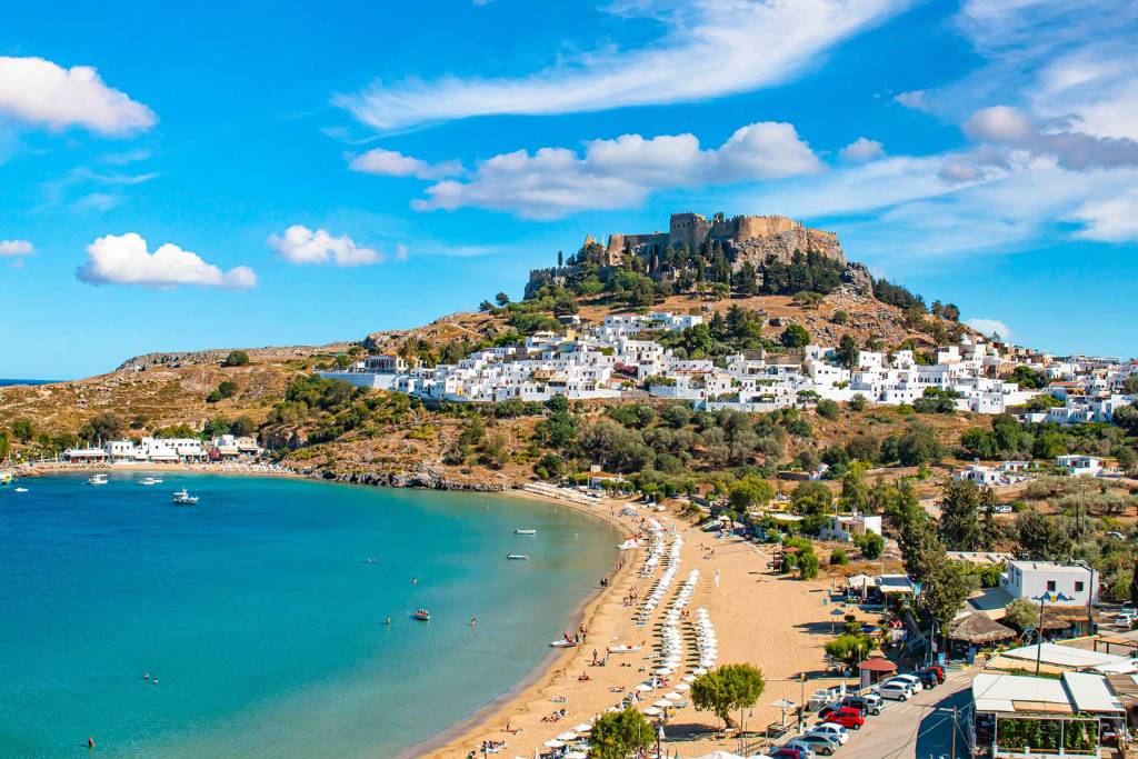 Lindos seaside village and beach in Rhodes.