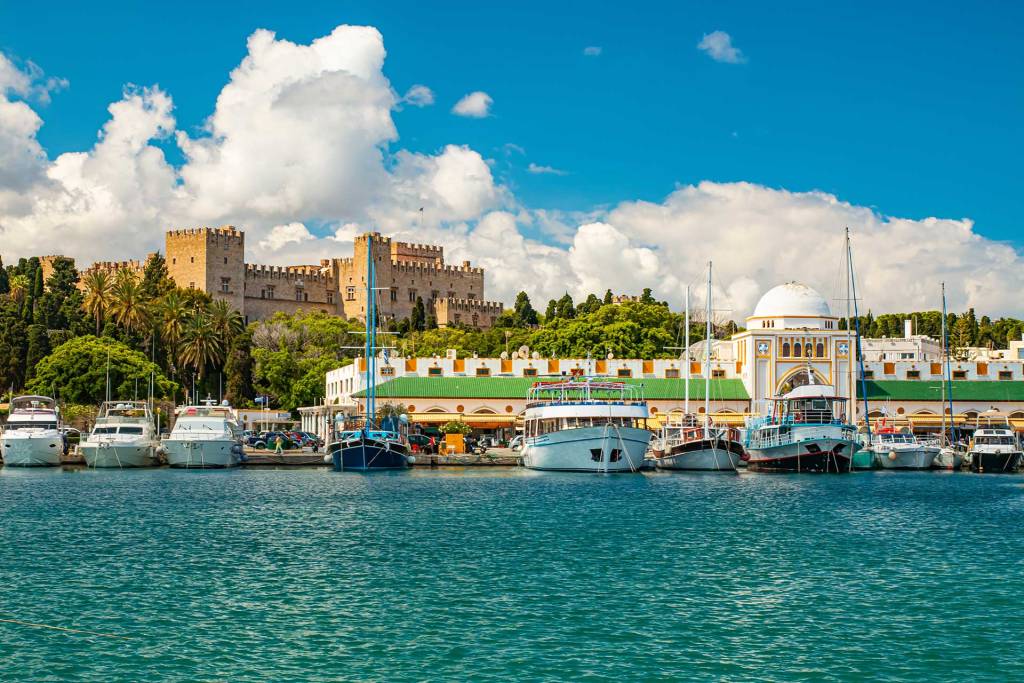 Boats and ships in the port of Mandraki, on Rhodes Island.