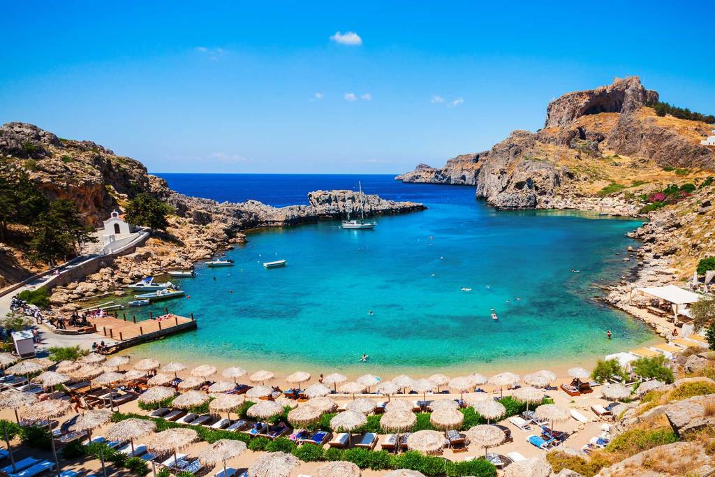 Umbrellas in the Saint Paul Beach of Rhodes Island.