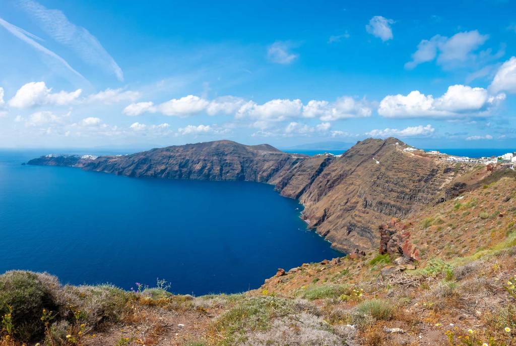 The impressive Caldera of Santorini Island and the Aegean Sea.