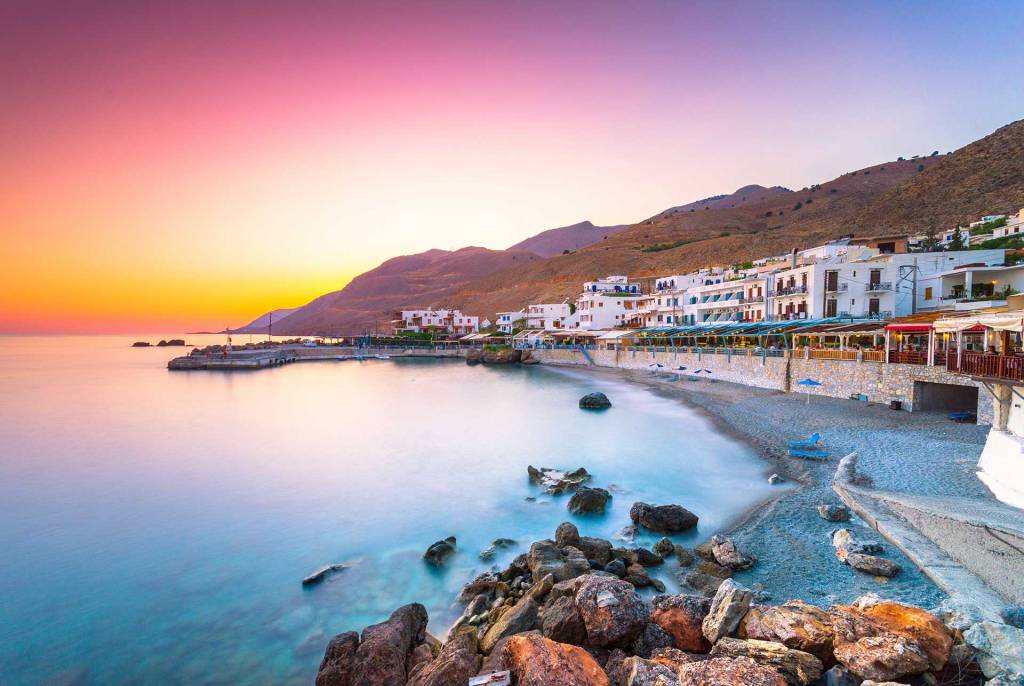 The seaside village of Chora Sfakion at sunset.