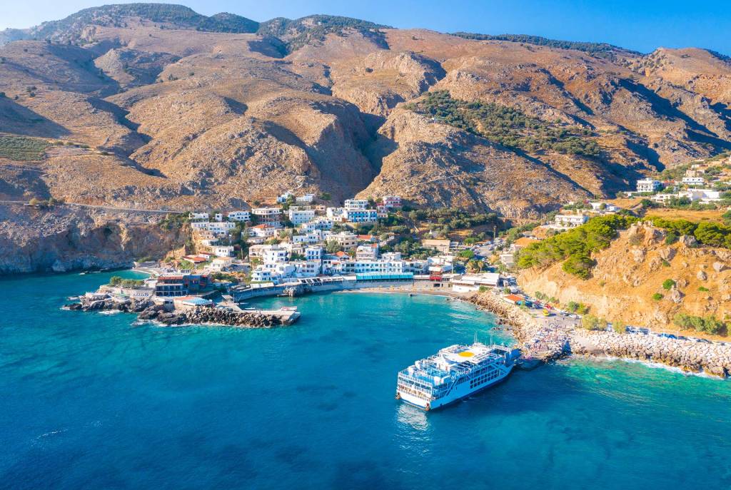 A ship in the port of the seaside Chora Sfakion Village.