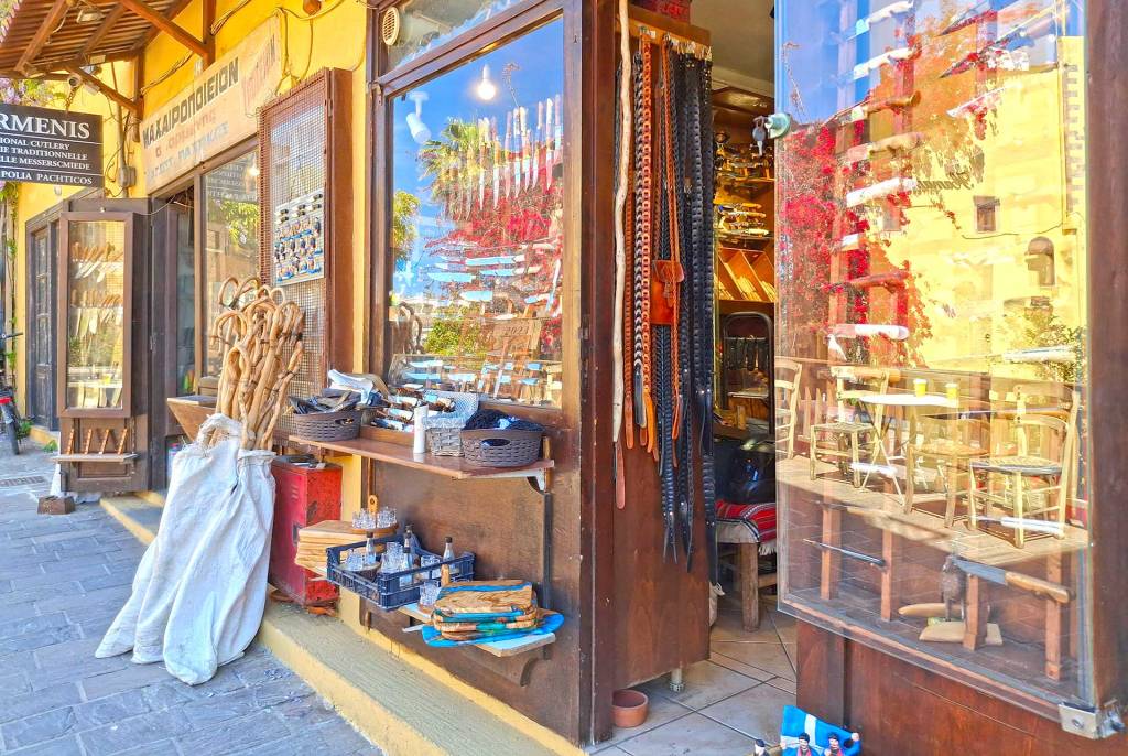 A shop with Cretan Knives and katsounes walking sticks in Macheradika (Chania).