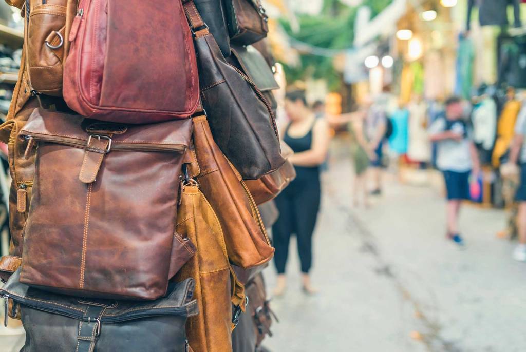 Leather bags hanging in Skridlof Street, in the heart of Chania.