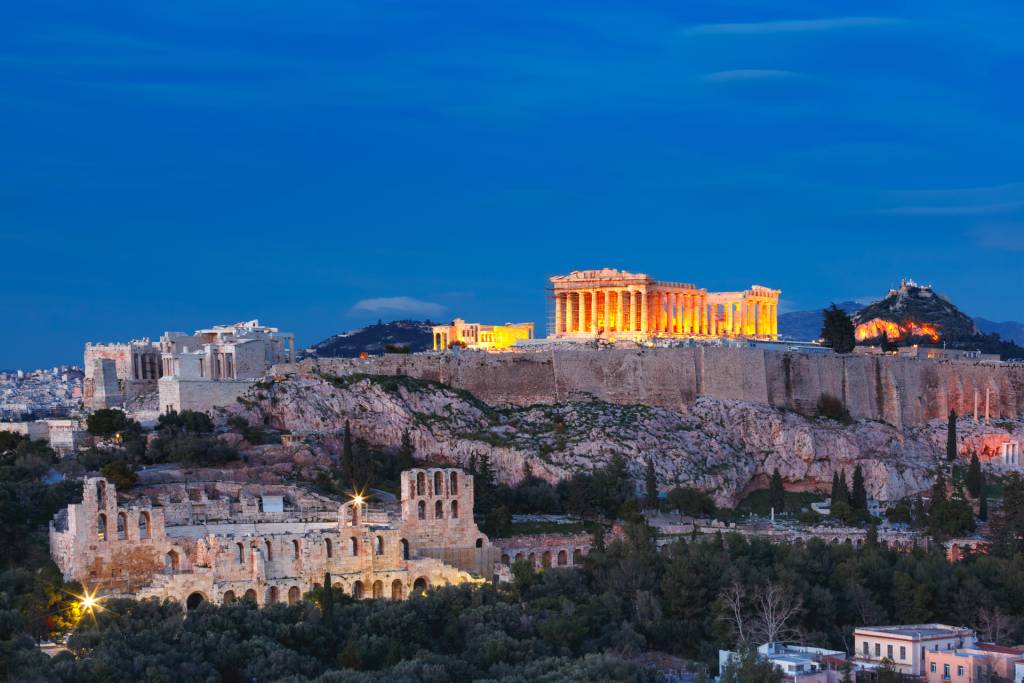 Acropolis Hill and Parthenon view by night in Athens.