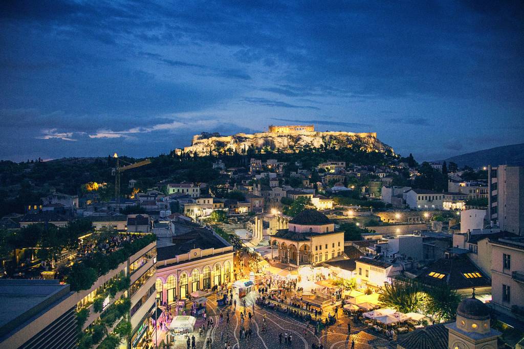 Athens by night with lights on.