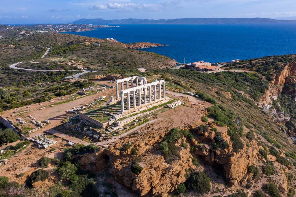 The Poseidon Temple in Cape Sounion and its sea view.