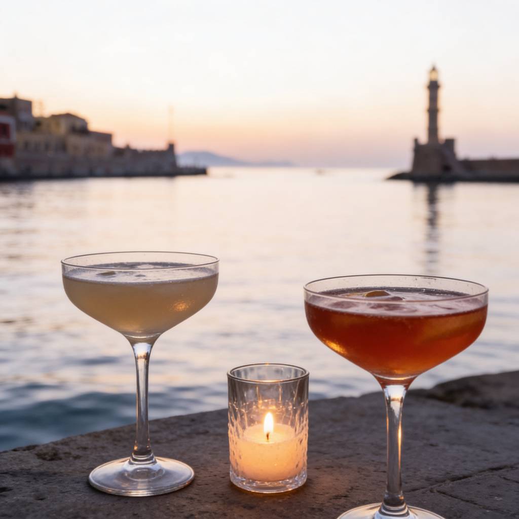 Two cocktails with the view of the Chania Lighthouse at sunset.