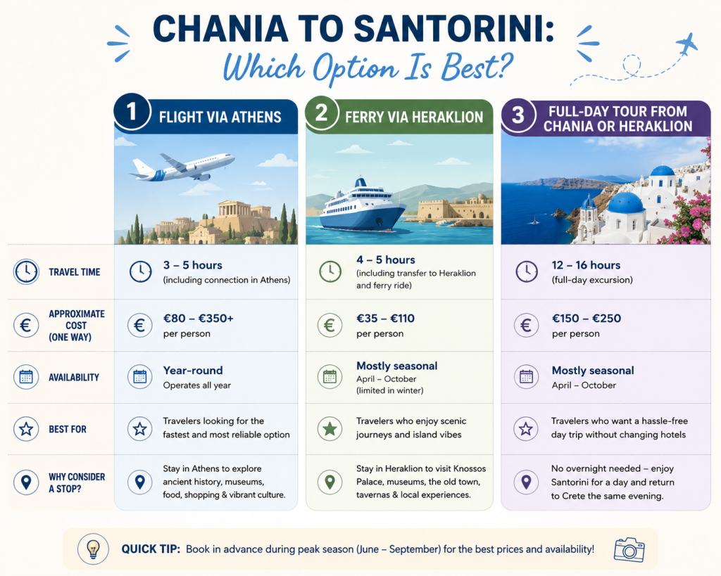 Infographic about how to get from Chania to Santorini.