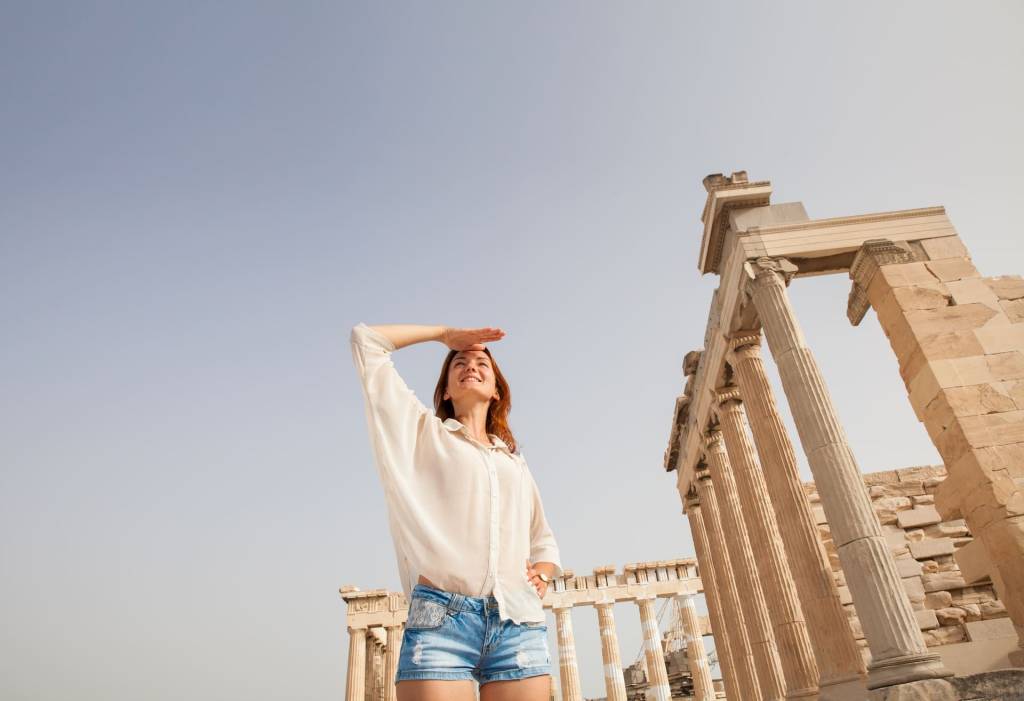 A tourist in Athens Acropolis.