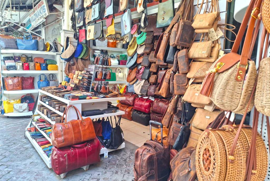 Leather bags and products at Skridlof Street in Chania.