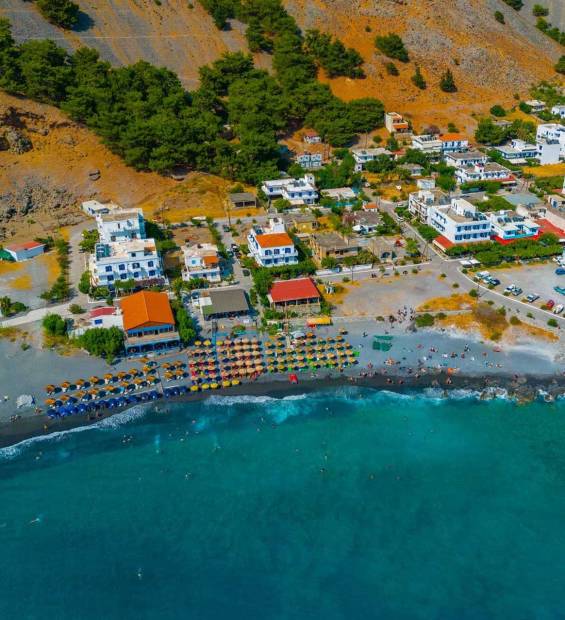 Aerial view of Agia Roumeli Village and the beach.
