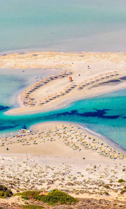 Aerial view of the waters and pink sand in Balos Beach.