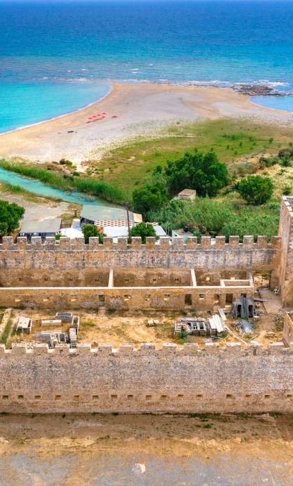 The organized beach by Frangokastello Castle.