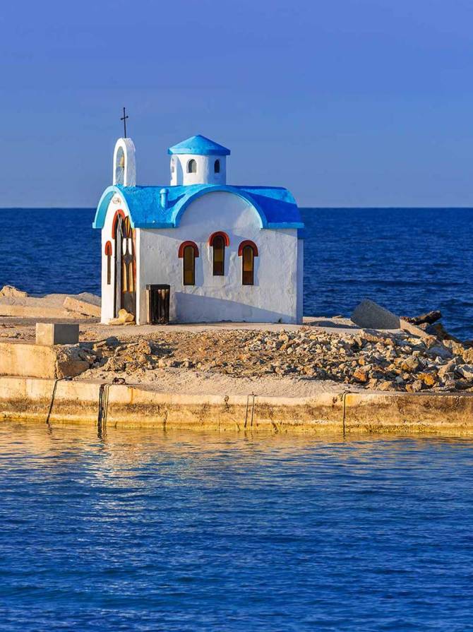 A picturesque seaside chapel in Galatas.