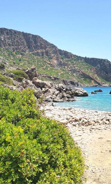 The rocky landscape and some trees at Lissos Beach.
