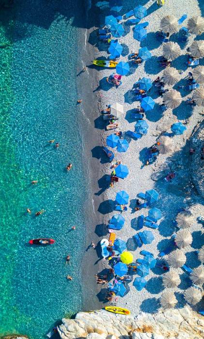 Aerial view of umbrellas in Marmara Beach.