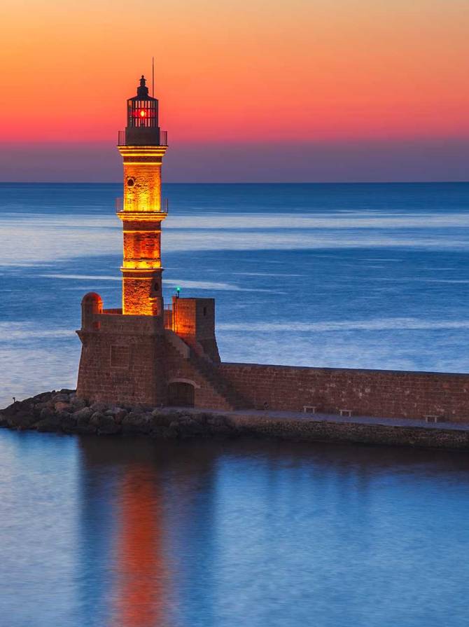 Sunset view of the Egyptian Lighthouse in Chania.