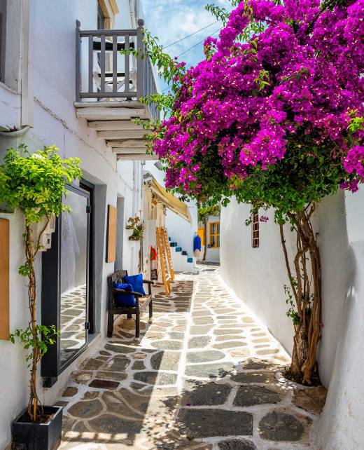 The picturesque narrow streets of Naoussa in Paros.