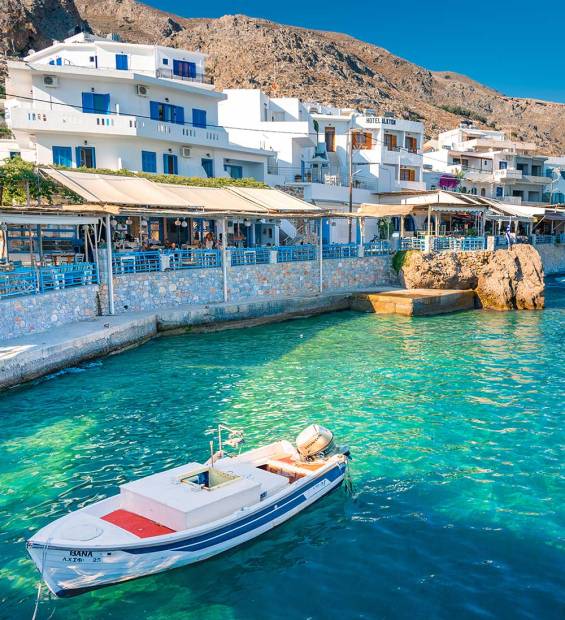 Seaside taverns and cafes in Chora Sfakion Village.