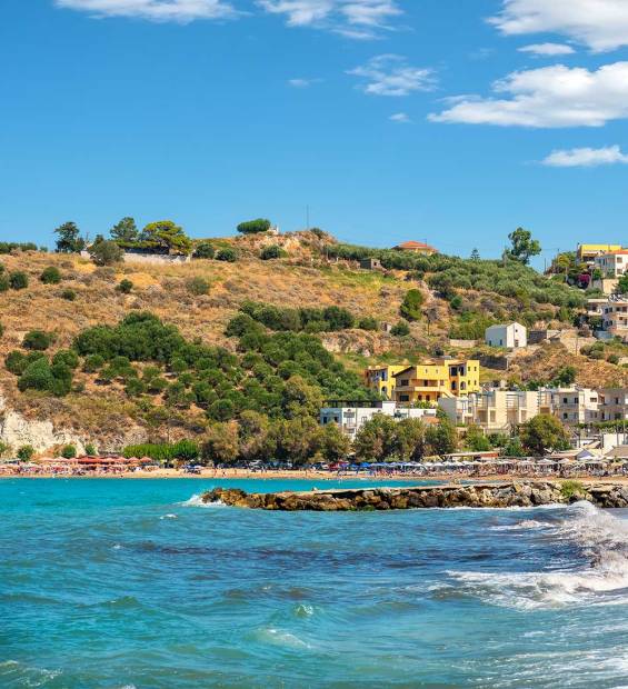 The sea and mountain view from Kalyves Village in Chania.